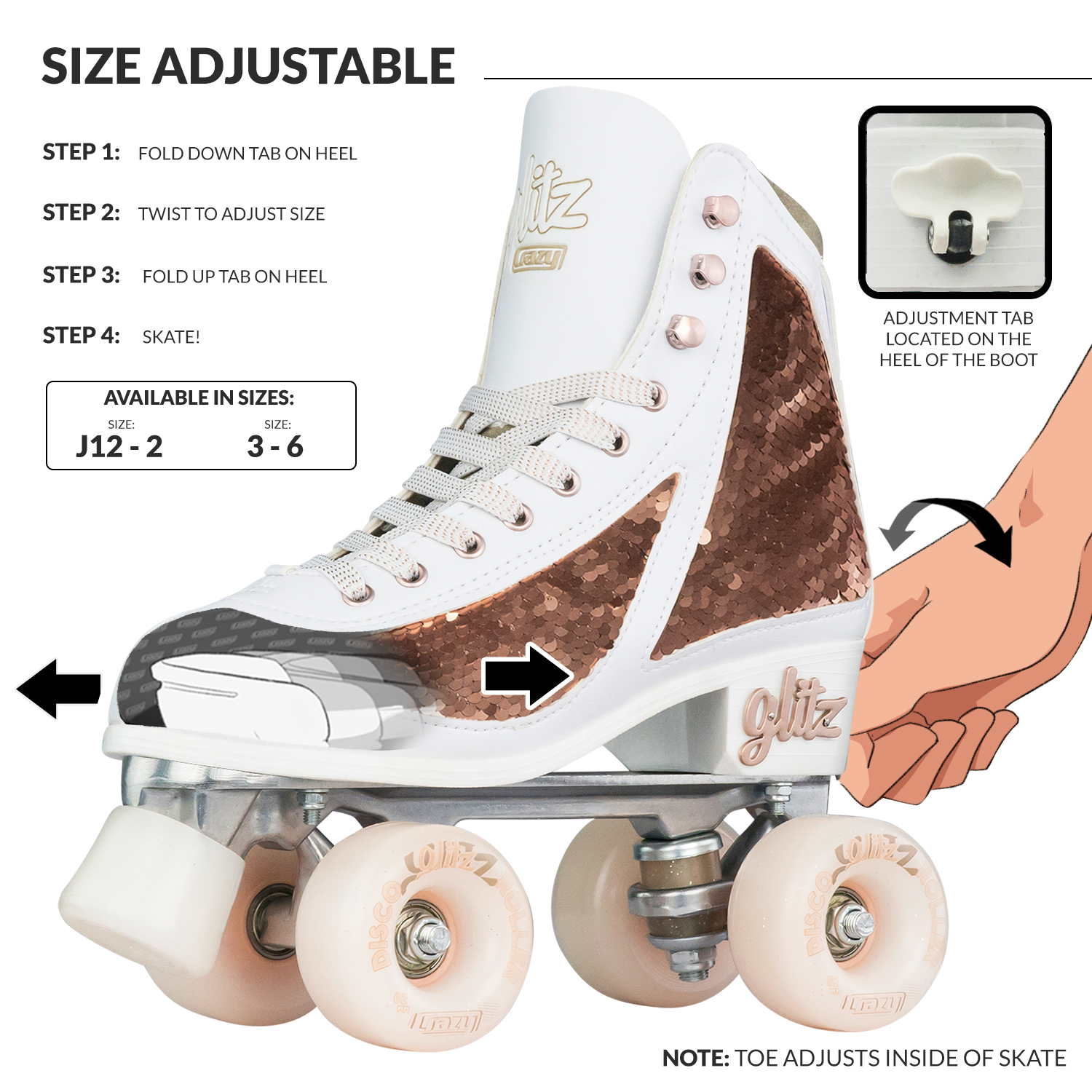 GLITZ Rose Gold - Größe verstellbare Rollschuhe