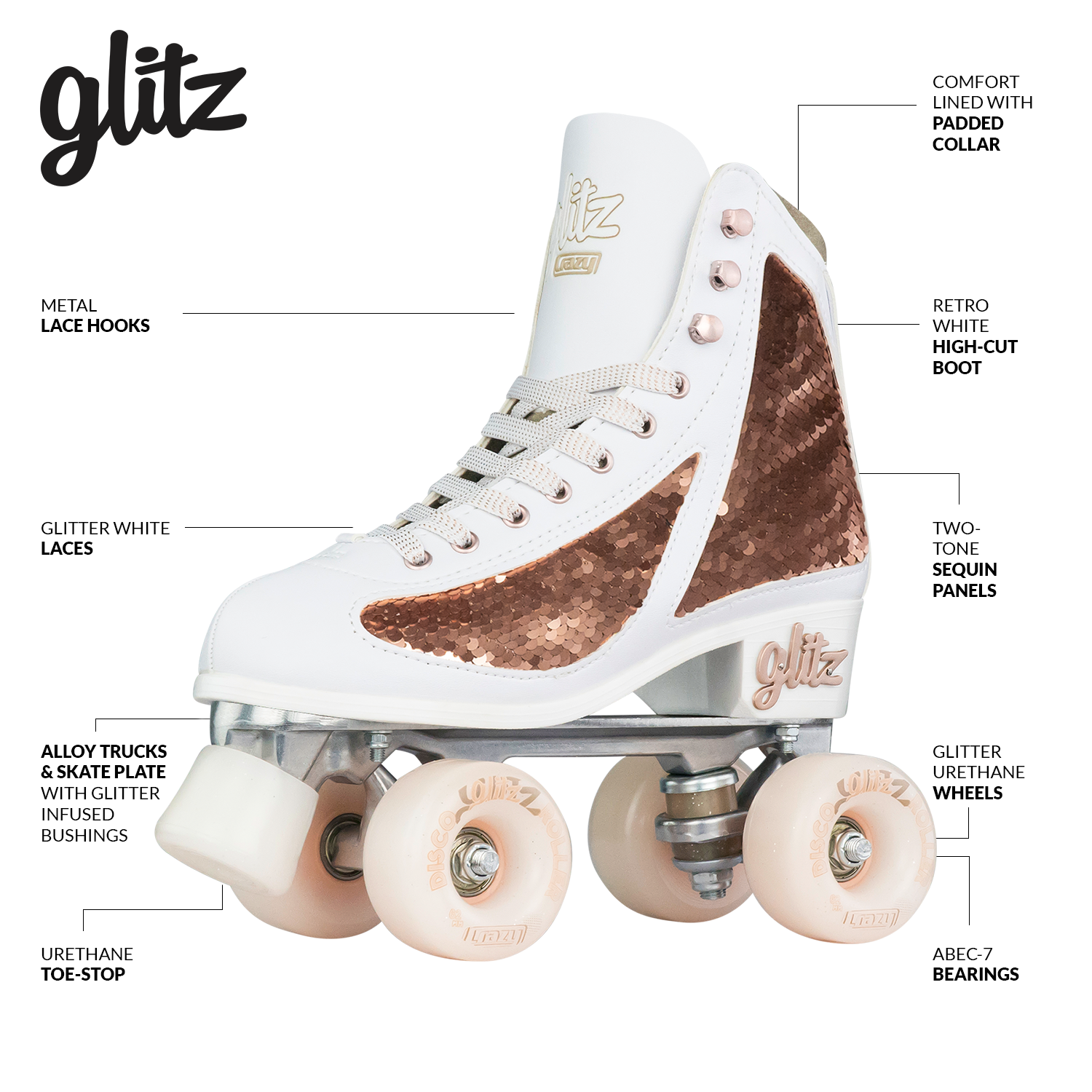 GLITZ Rose Gold - Größe verstellbare Rollschuhe